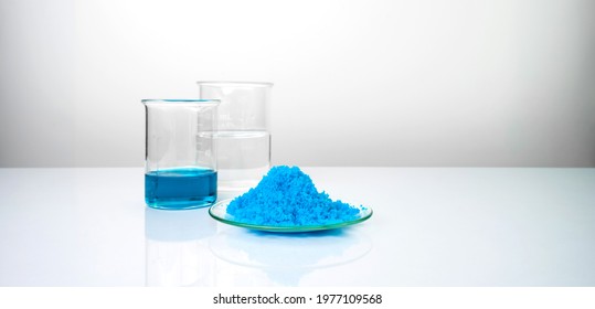 Close up inorganic chemical on white laboratory table. Copper(II) sulfate,  alcohol. Chemical ingredient for Cosmetics and Toiletries product.