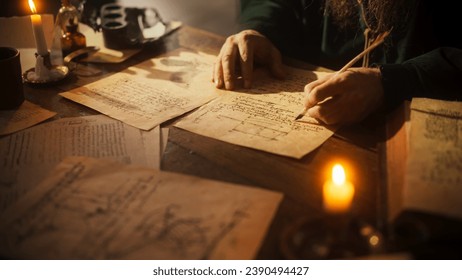 Close Up of Inscriptions and Notes With Hand of Old Renaissance Male Using Ink and Quill to Write New Ideas. Dedicated Historian Taking Notes, Inventing New Theories, Innovating