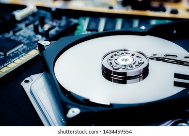 Close up inside of hard disk drive. Blue tone image.