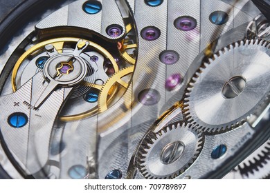 Close up inside mechanical watch.