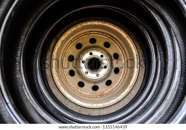 Close up to inside tires rubbers on view for\
car. Car background.