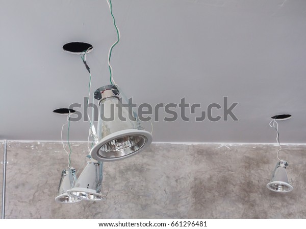 Close Installation Spot Lamp Gypsum Board Stock Image