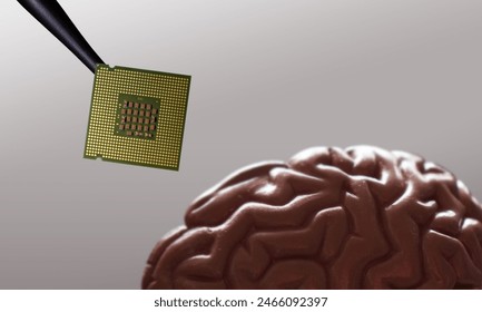 Close up installing computer chip to a human brain plastic model. Brain implant concept, futuristic technology. - Powered by Shutterstock