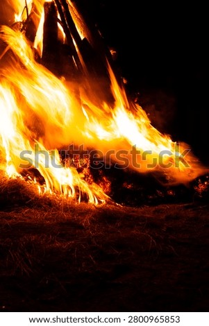 Close up of intense bonfire flames burning wood and grass at night