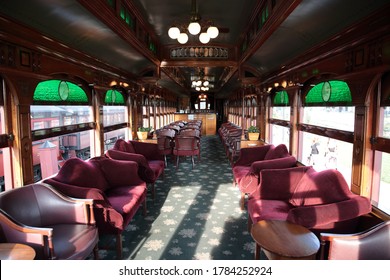 Close Up Of Interior Of Luxury Vintage Old Train Carriage In Strasburg, Lancaster County, Pennsylvania. 