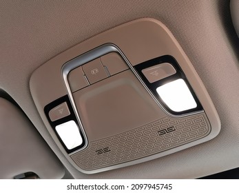 Close Up Interior View Of The Car Roof Or Ceiling Light Panel.