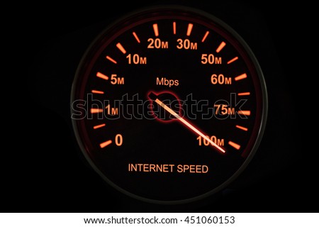 Close up of internet speed test with speedometer and speed up to 100 Mbps