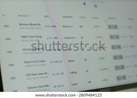 Close up of inventory management dashboard displaying product listings, SKU codes, stock levels, barcodes, supporting ecommerce operations, retail analytics, supply chain content