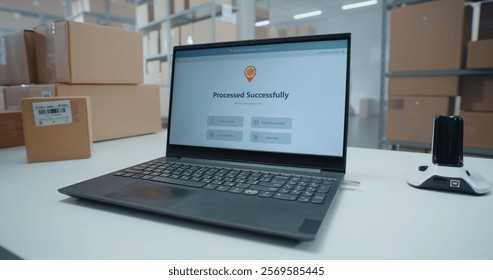 Close Up of Inventory Manager Scanning Code on Cardboard Box with Barcode Scanner, Checking Parcel Information. Laptop Display Shows Delivery Tracking App for Monitoring Package with E-Commerce Orders