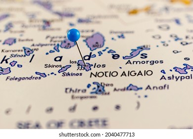 Close up of Ios. Ios island Greece map with blue pin - Travel concept. Also known as Io or Nio. - Shutterstock ID 2040477713