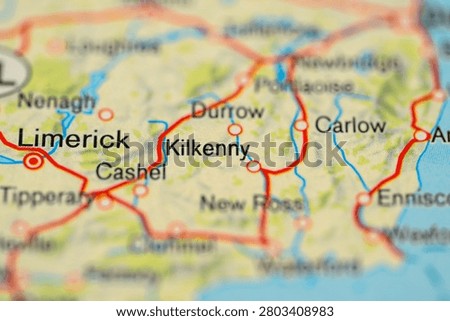Close up Irish road map highlighting Kilkenny Limerick and Cashel