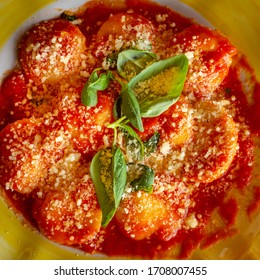 Close Up Of Italian Ravioli With Parmesan Cheese And Basilic  At Amalfi Coast Restaurant.