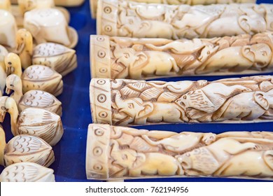Close up ivory souvenirs on Indian market