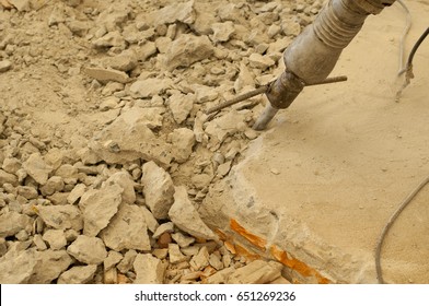 Close Up Jack Hammer For Demolishing Concrete Pavement, So Loudly, Noisy And Repeatedly.