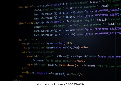 A close up of JavaScript code in React, a popular front end framework 