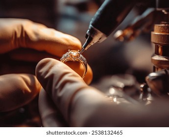 Close up of a jeweler's hand working on a gold ring with a diamond. - Powered by Shutterstock