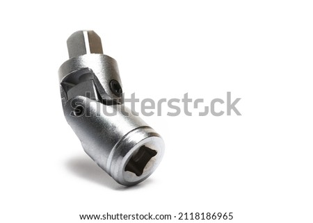 Close up of a joint for deflecting and bending the tool when screwing with a ratchet on white background