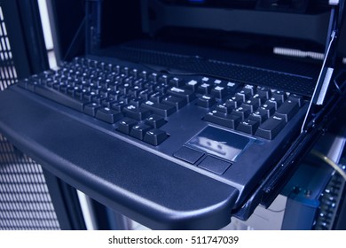 Close up keyboard of computer server in data center room. selective focus