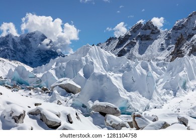 Close Up Of Khumbu Glacier In Everest Base Camp, Himalayas, Nepal. Interesting Photo.