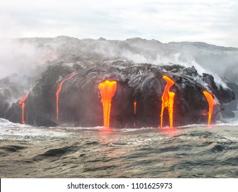 Close Up Of Kilauea Volcano, Hawaii Volcanoes National Park, Also Known Kilauea Smile Because From 2016 Seems To Smile, Erupting Lava Into Pacific Ocean, Big Island. Scenic Sea View From The Boat.