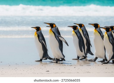 Close Up of King Penguins Front of Pack Walking on Beach. Falkland Islands Volunteer Point Colony. Antarctica Travel Excursion Wildlife