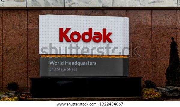 Close up of Kodak\
company sign is seen on March 3, 2020 outside their World\
Headquarters in Rochester, NY, USA . The Eastman Kodak Company is\
an American public company.\
