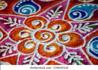 Close up of the Kolam in the Indian temple. Kolam is a form of drawing that is drawn by using rice flour, chalk, chalk powder or rock powder.