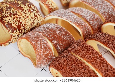 Close up of 'Kurtoskalacs', a spit cake from Hungary and Romania made from sweet yeast dough strips baked wrapped around cone–shaped baking spit
