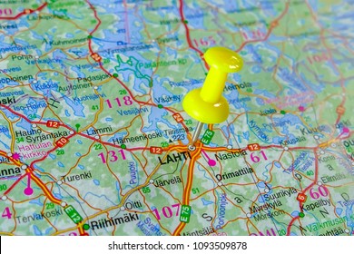 Close Up Of Lahti, City Of Finland, Pinned On A Map With Yellow Pin. Travel Concept.