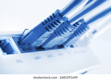 close up of a lan switch with pluged in cables, blue toned image, shallow depth of field