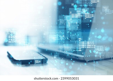 Close up of laptop and cellphone with creative binary coding hologram on blurry background. Software programming code
