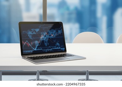 Close up of laptop computer with forex chart on screen. Bright office desktop with blurry city view background. 3D Rendering