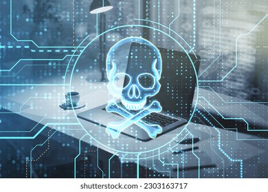 Close up of laptop computer with glowing digital circuit binary code skull on blurry workplace background. Hacking, piracy, malware and data theft concept. Double exposure