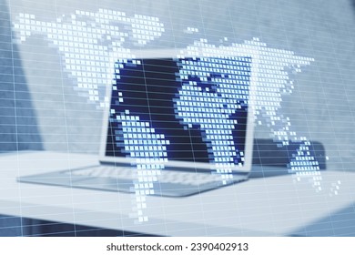 Close up of laptop computer at light workplace with glowing digital pixel squares map of the world with spotlights on blurry background. Global business concept. Double exposure