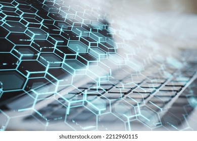 Close up of laptop with creative blue hexagonal background. Technology, communication and network concept. Double exposure - Powered by Shutterstock - Get 15% off with code: PIKWIZARD15