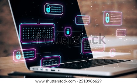 Close up of laptop with creative encrypted code hologram on blurry background. Blockchain network and technology concept. Double exposure