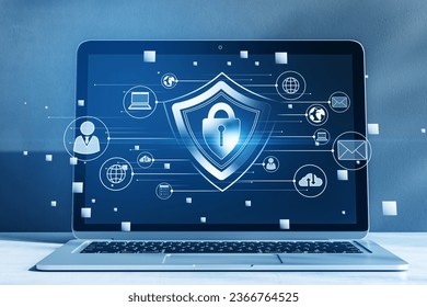 Close up of laptop with creative glowing padlock hologram on blurry background with various icons. Safety and security concept - Powered by Shutterstock