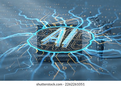 Close up of laptop and decorative vase on desktop with creative circuit brain hologram on blurry background. AI, artificial intelligence, machine learning and neurology concept. Double exposure