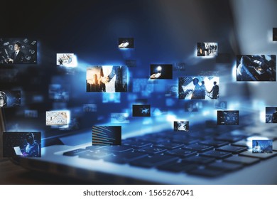 Close Up Of Laptop With Digital Pictures On Blurry Dark Background. Media Photo Gallery Background. Double Exposure