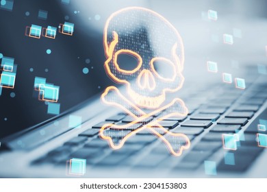 Close up of laptop with glowing digital binary code skull on blurry background. Hacking, piracy, malware and data theft concept. Double exposure - Powered by Shutterstock - Get 15% off with code: PIKWIZARD15