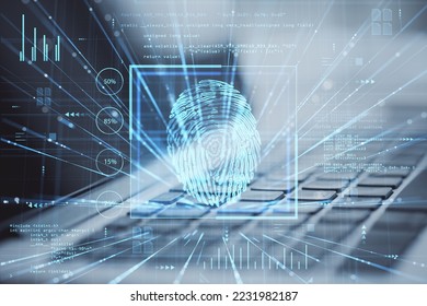 Close up of laptop with glowing finger print hologram on blurry background. Digital ID and technology concept. Double exposure - Powered by Shutterstock