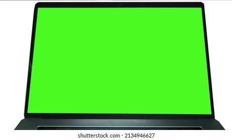 Close Up Laptop Green Screen On White Background.