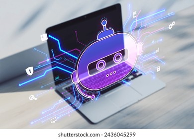 Close up of laptop on table with creative robot hologram on blurry background. Chat GPT and ai, customer support and bot concept. Double exposure