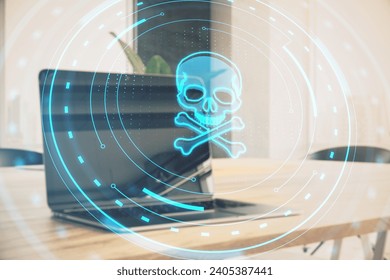 Close up of laptop on wooden desk with abstract round skull interface on blurry background. Hacking and threat concept. Double exposure