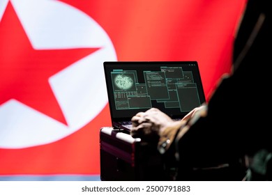 Close up of laptop in Pyongyang intelligence command center used by dictatorship party to run security protocols against NATO and South Korea enemies, isolated over North Korea flag