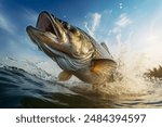 close up of a large mouth bass jumping out of the water