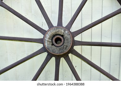 close up of large wooden cartwheel .  Round wheel with wood spokes and metal centre outside against fence panels