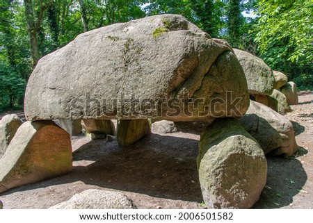 Close up of largest Dolmen (hunebed) D27 close to Borger in the Netherlands which is a megalithic tomb or burial mound with large stones dating back to Neolithic period, about 5.000 years ago
