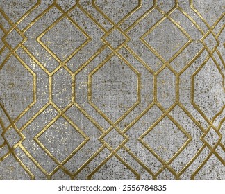 Close up of in layered diamond trellis pattern in shimmering gold color with grey background. Seamless background texture. Suitable for pillow cover or upholstery finishes as accent.