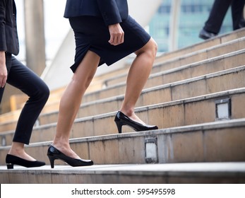 Close Up Legs Of Businesswoman Walking Stepping Up Stair In Modern City, Business Growth, Go Up, Success, Grow Up Business Concept